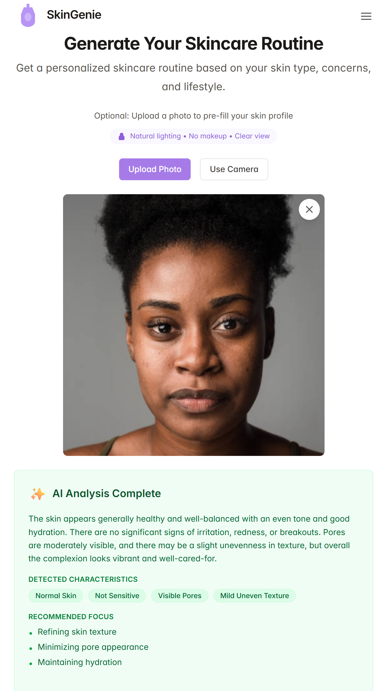 AI skin analysis showing detected skin type and concerns